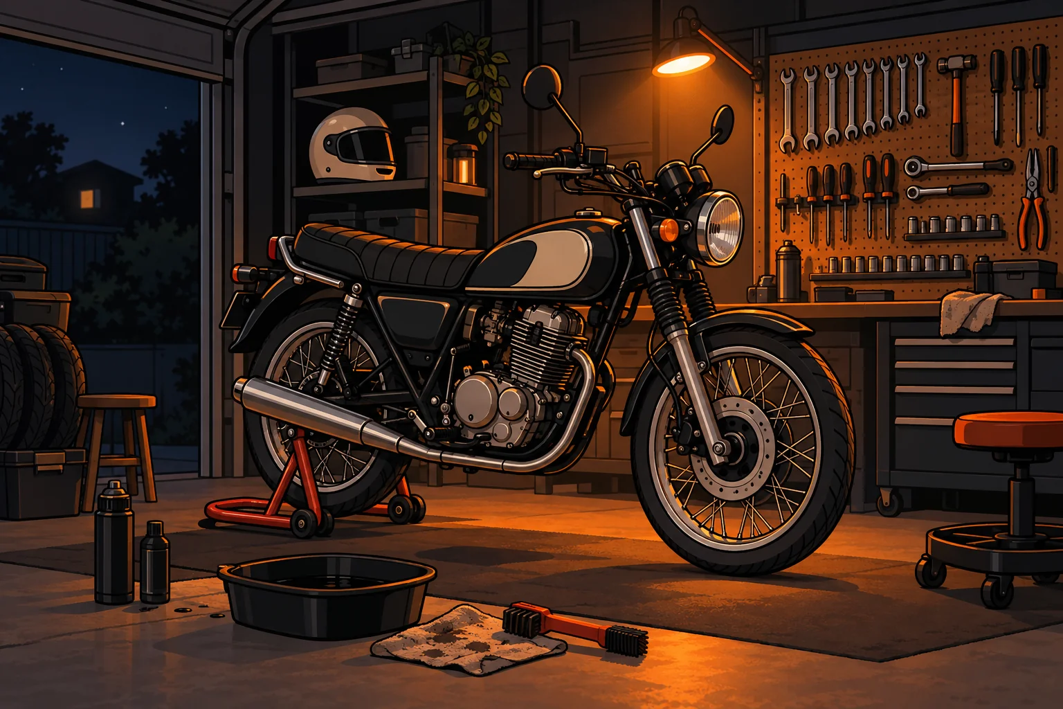 A cartoon garage at night: a motorcycle on a stand under a warm work lamp, tools on the wall, a helmet on the shelf